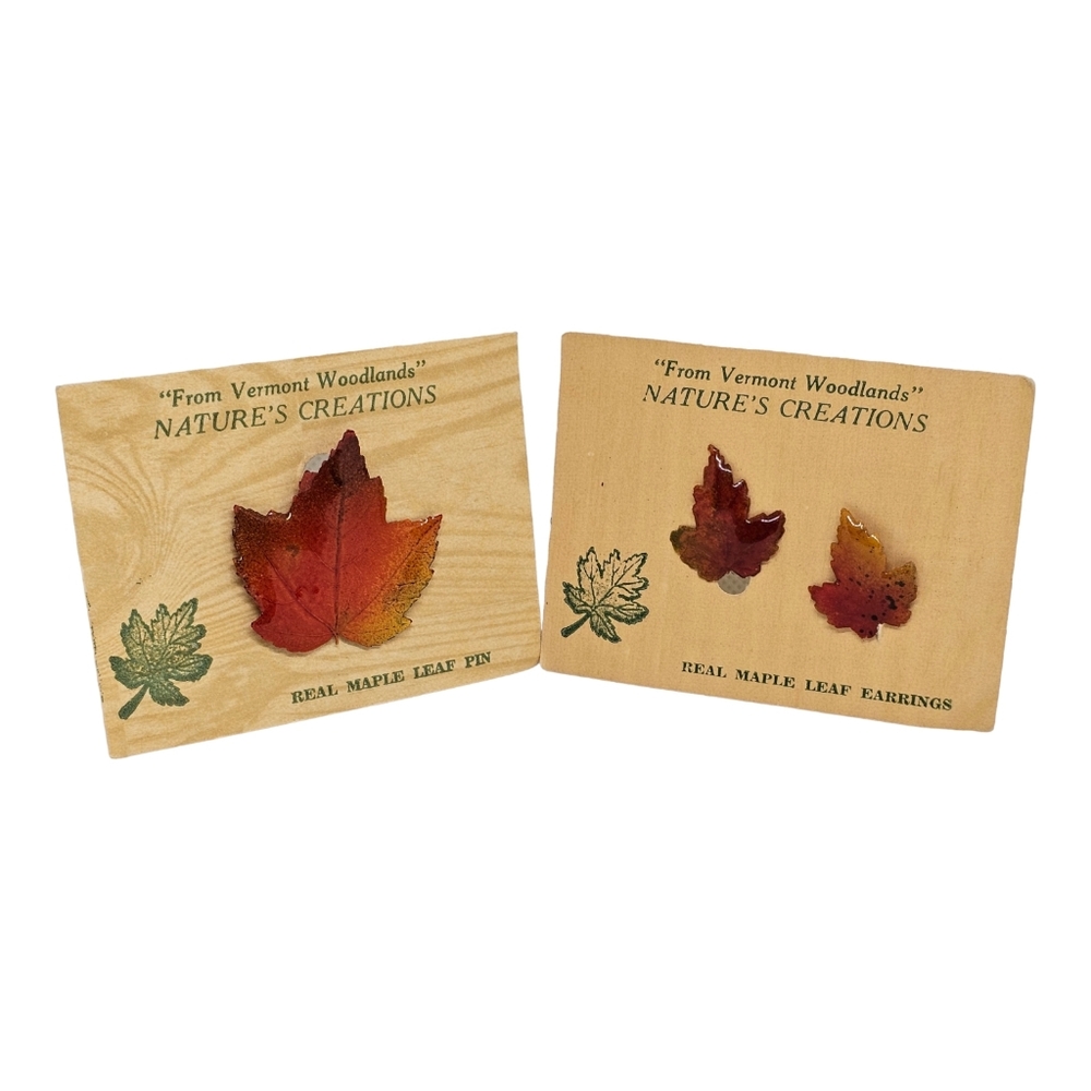 Vintage Genuine Maple Leaf Handcrafted in‎ Vermont Brooch Pin & Earrings Set